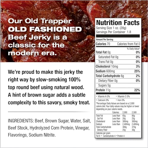 Old Trapper Old-Fashioned Beef Jerky, 1.8-Ounce Individual Packages, Great Size for Quick Snacking, 11 Grams of Protein and Zero Grams of Fat Per Serving (Pack of Six)