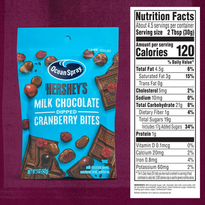 Ocean Spray® HERSHEY’S® Milk Chocolate Dipped Cranberry Bites, Chocolate Covered Dried Cranberries, 5 Oz Pouch (Pack of 12)