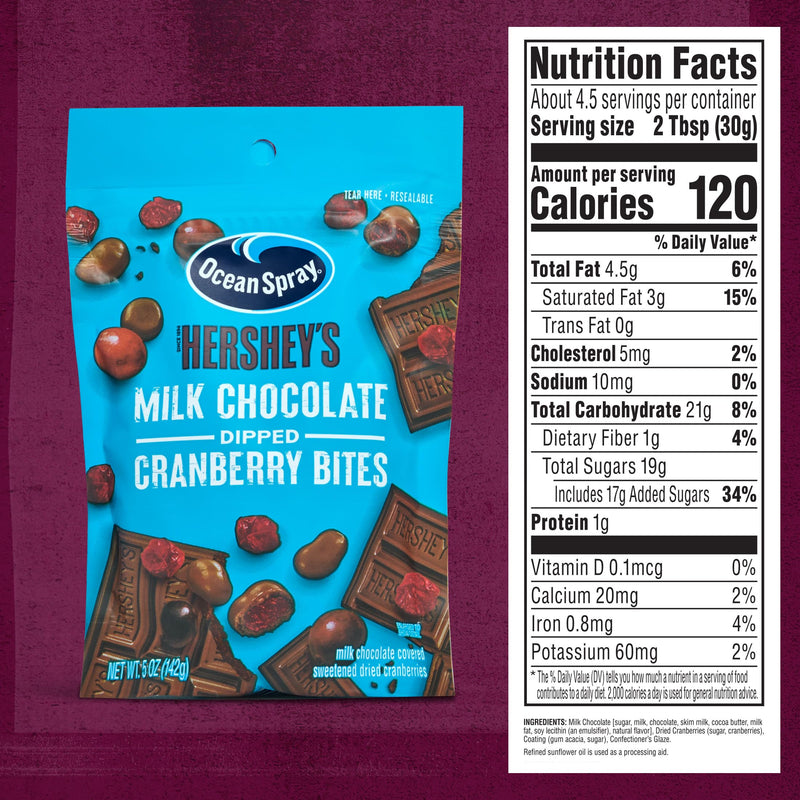 Ocean Spray® HERSHEY’S® Milk Chocolate Dipped Cranberry Bites, Chocolate Covered Dried Cranberries, 5 Oz Pouch (Pack of 12)