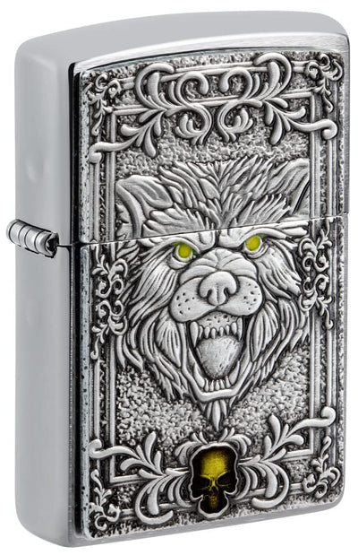 Zippo unisex-adult Wolf Lighters, Brushed Chrome Wolf & Skull Emblem