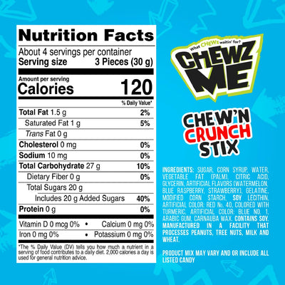 ChewzMe Chew N' Crunch Stix - Tangy Chewy Candy Sticks studded w/Crunchy Pieces - Pack of Individually Wrapped Sour Straws - Assorted Flavored Candies - 3.9 oz Bags