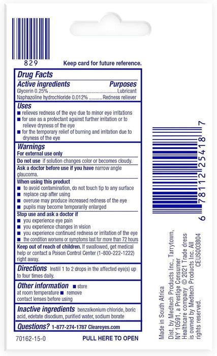 Clear Eyes Redness Relief Eye Drops Handy Pocket Pal 0.20 oz 12-Pack Wholesale