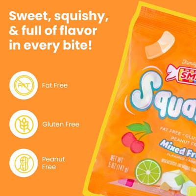 Smarties Squashies Mixed Fruit Flavor - Peanut Free, Gluten Free & Fat Free Gummy Candy - Perfect for Birthday & Halloween Party Favors chewy candy - 5 oz Candy Bags (Pack of 12)