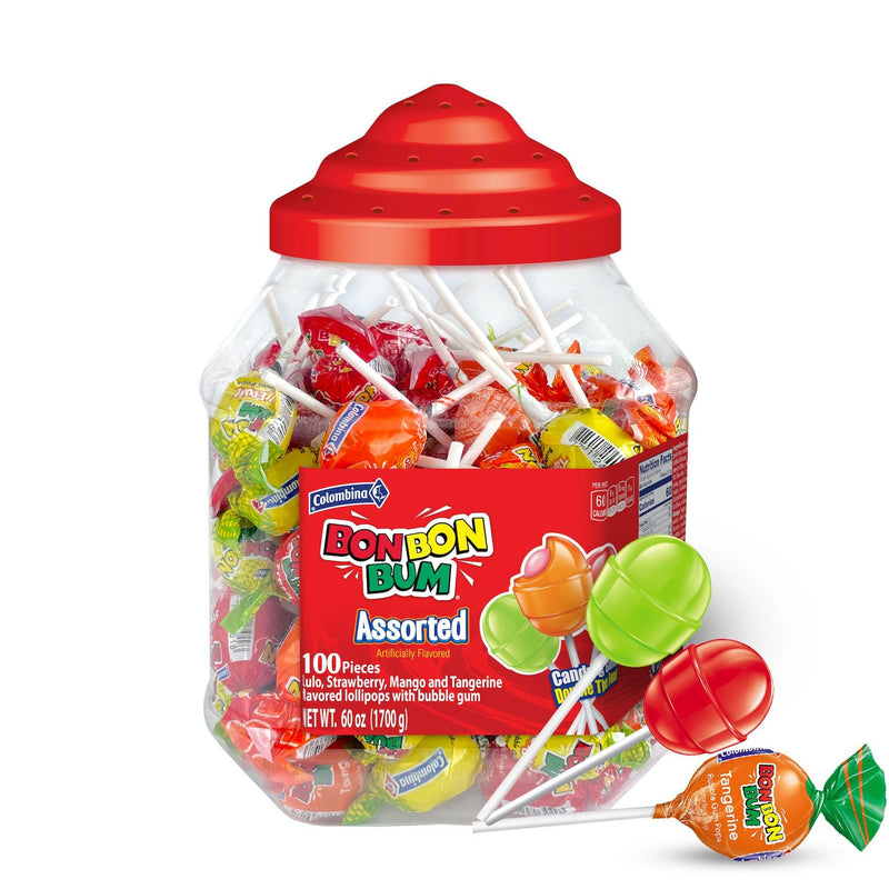 Colombina Bon Bon Bum Lollipops w/Bubble Gum Center Assorted Jar - Lollipops Individually Wrapped of 4 Different Flavors: Lulo Fruit, Strawberry, Mango, and Tangerine - 60 oz bag (100 count)