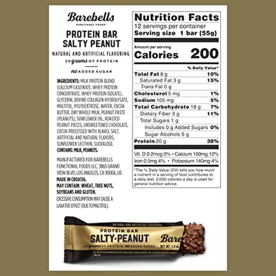 Barebells Protein Bars Salty Peanut - 12 Count, 1.9oz Bars - Protein Snacks with 20g of High Protein - Chocolate Protein Bar with 1g of Total Sugars - Perfect on The Go Protein Snack & Breakfast Bars