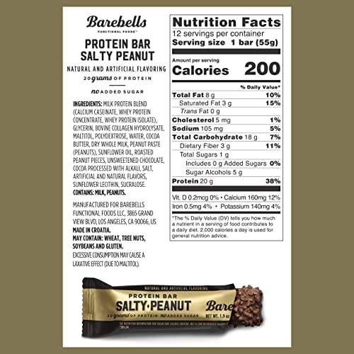 Barebells Protein Bars Salty Peanut - 12 Count, 1.9oz Bars - Protein Snacks with 20g of High Protein - Chocolate Protein Bar with 1g of Total Sugars - Perfect on The Go Protein Snack & Breakfast Bars