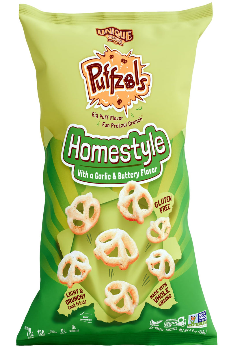 Unique Snacks Puffzels, Delightful Garlic and Buttery Flavor with a Fun Pretzel Crunch, Gluten-Free Snacks, 4.8 Oz. Snack Bag, Pack of 6, Homestyle