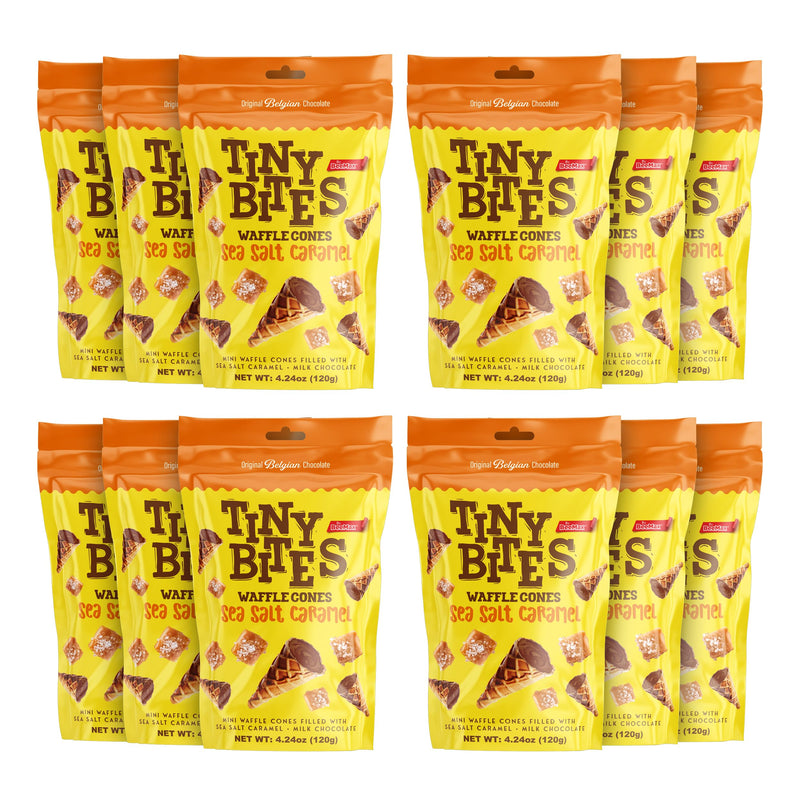 Tiny Bites Sea Salt Caramel Cones - Mini Crispy & Crunchy Waffle Cones, Delicious Cornet Snack with Real Belgian Sea Salt Caramel Chocolate Cones (Pack of 12), Bite-Size Cones by Beemax