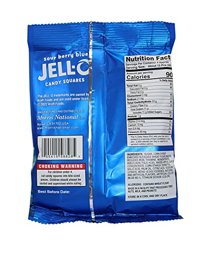 Jell-O Gummi Candy, Sour Berry Blue Squares, 4.5 Ounce Bag