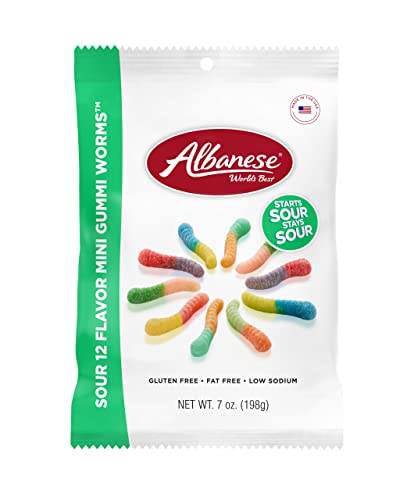 Albanese World's Best Sour 12 Flavor Mini Gummi Worms, 7oz Bag of Candy (Pack of 12)