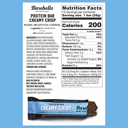 Barebells Protein Bars Creamy Crisp - 12 Count, 1.9oz Bars - Protein Snacks with 20g of High Protein - Chocolate Protein Bar with 1g of Total Sugars - Perfect on The Go Protein Snack & Breakfast Bars