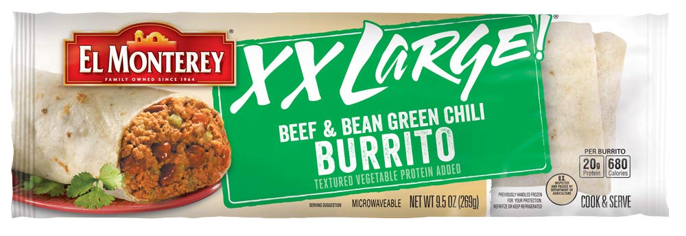 El Monterey XX-Large Beef and Bean Green Chili Burritos 9.5oz 12-Pack Wholesale