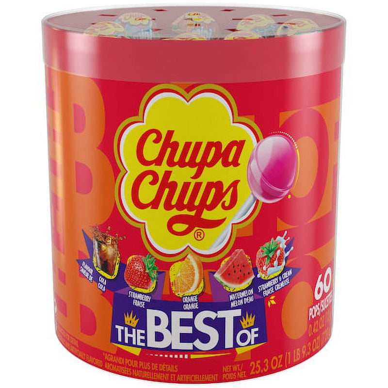 Chupa Chups Best Of Lollipops, Assorted Flavors Drum, 0.42 oz Each, 8 Drums per Case
