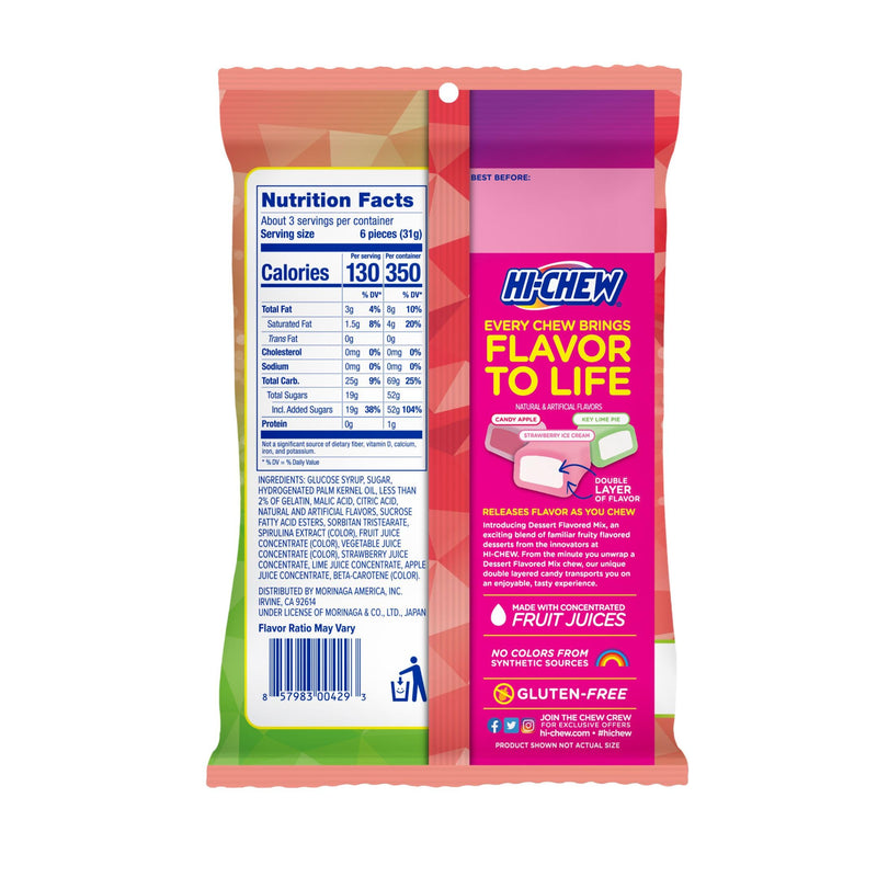 HI-CHEW Dessert Mix Candy - Candy Apple, Key Lime Pie, Strawberry Ice Cream - Soft & Chewy Taffy, Individually Wrapped (Pack of 6, 3oz Bags)