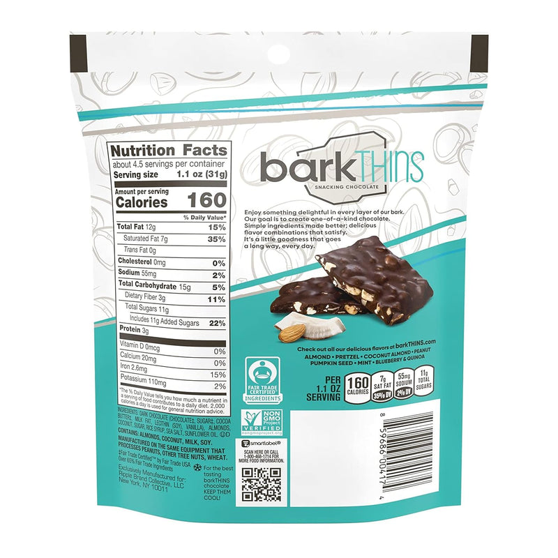 barkTHINS Dark Chocolate Coconut and Almond Snacking Chocolate, Fair Trade, Non GMO, 4.7 oz Bag