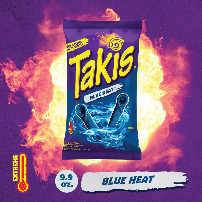 Takis Blue Heat Rolled Tortilla Chips, Hot Chili Pepper Artificially Flavored, 9.9 Ounce Bag (Pack of 14)