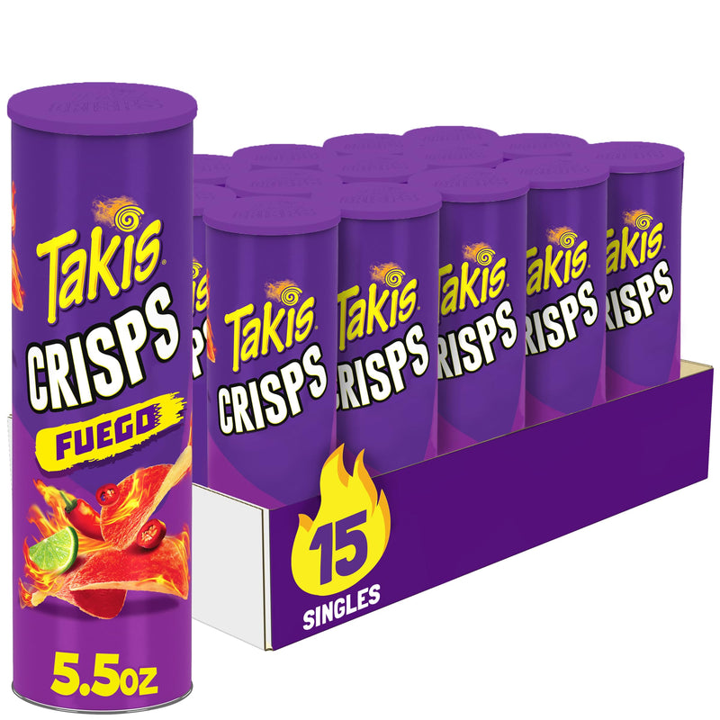 Takis Fuego Crisps, Hot Chili Pepper & Lime Flavored Potato Crisps, 5.5 oz Sharing Tray (Pack of 15)