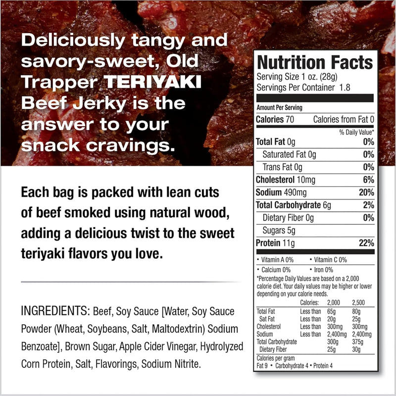 Old Trapper Jerky, Teriyaki, 1.8 oz Bag (Pack of 6)