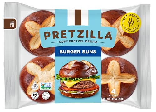 Pretzilla Soft Pretzel Hamburger Buns, 12.8 oz 4 Count ‚Äì Gourmet Sandwich or Burger Rolls, Non GMO Kosher Vegan Burger Bread, Soft Bakery Pretzel Bun (Case of 12 Packs)