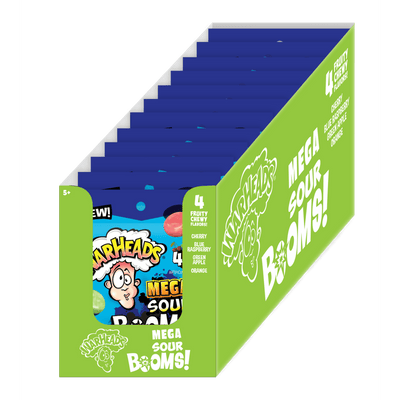 Warheads Mega Sour Booms! Sour-Dusted Chewy Candy, 2.5 Ounce Peg Bag - 12 Count Display Box