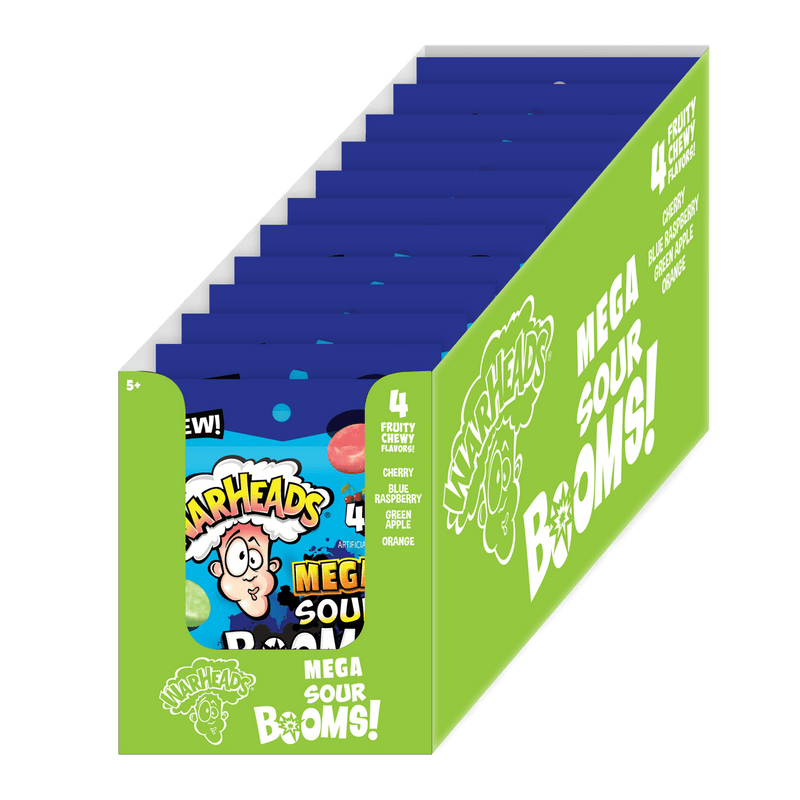 Warheads Mega Sour Booms! Sour-Dusted Chewy Candy, 2.5 Ounce Peg Bag - 12 Count Display Box