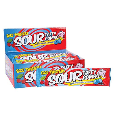 Face Twisters Sour Taffy Candy, Blue Raspberry & Cherry (24-Pack)