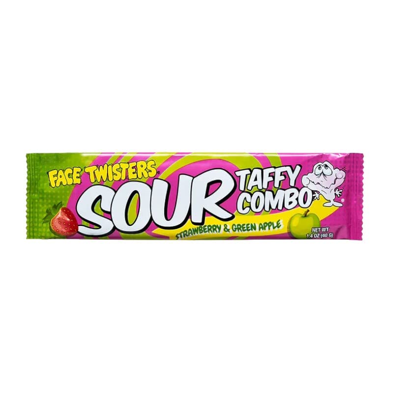 Face Twisters Sour Taffy Combo, Strawberry & Green Apple, 1.4 oz Bars (Case of 24)