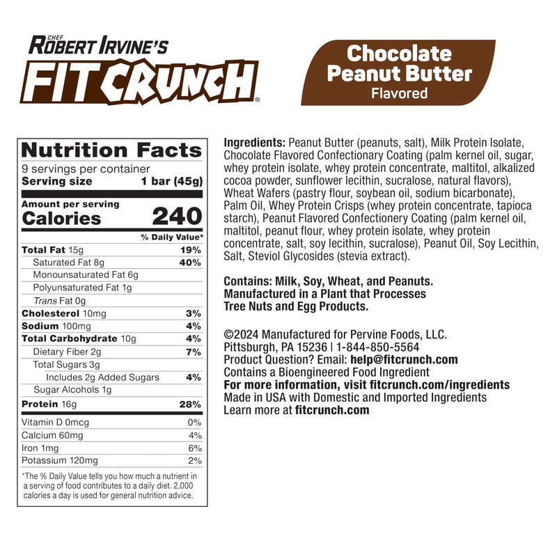 FITCRUNCH Wafer Protein Bars, Designed by Robert Irvine, 16g of Protein & 3g of Sugar (9 Bars, Chocolate Peanut Butter)