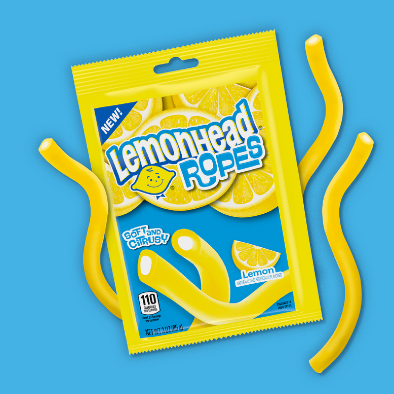 Lemonhead Ropes Candy, Chewy Lemon Candy Filled Ropes, Peg Bag, 5 oz