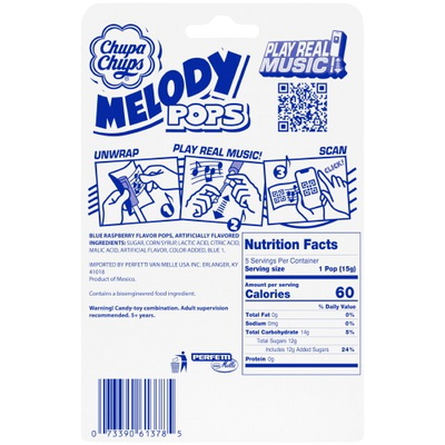 Chupa Chups Melody Pop, Blue Raspberry Flavor, Whistle Lollipops, Individually Wrapped Candy Suckers, 5 Count Pack