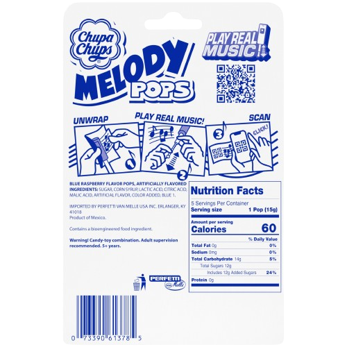 Chupa Chups Melody Pop Blue Raspberry Flavor Whistle Lollipops 5-Count Wholesale