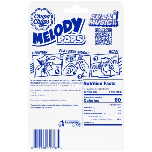 Chupa Chups Melody Pop, Blue Raspberry Flavor, Whistle Lollipops, Individually Wrapped Candy Suckers, 5 Count Pack