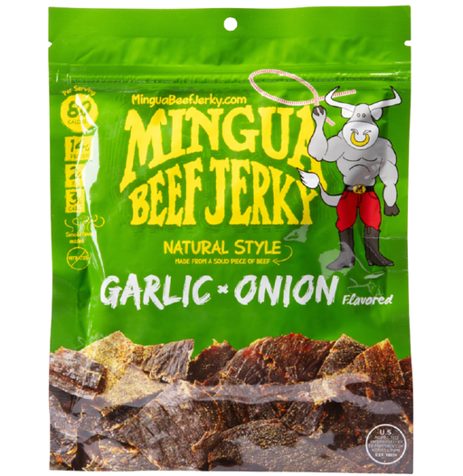 Mingua Garlic & Onion Beef Jerky 3 oz bag front
