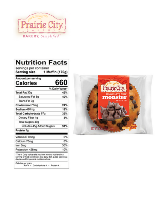 Prairie City Bakery Down Home Individually Wrapped Monster Muffins 6 Ounce (Chocolate Chip)