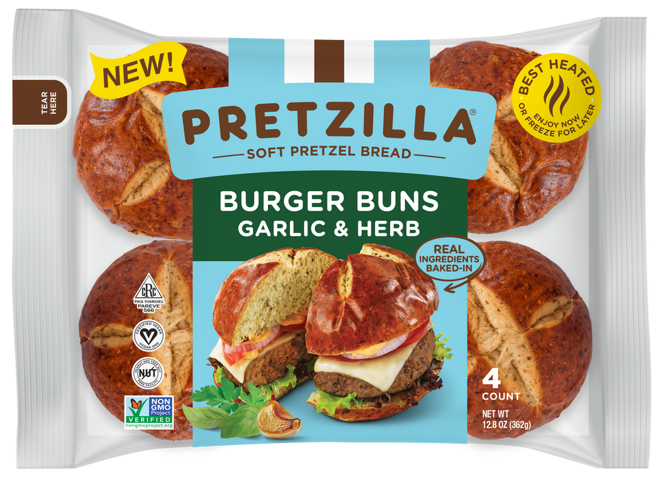 Pretzilla Soft Garlic Herb Burger Buns 12.8 oz (Pack of 4)