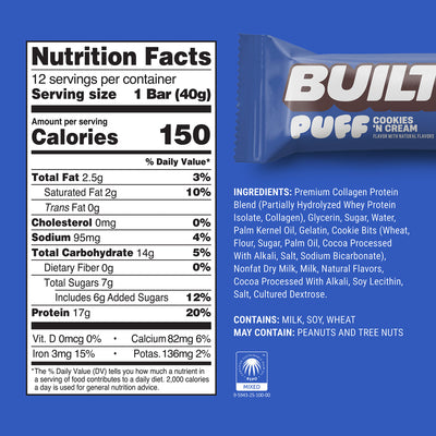 Built Puff Cookies N Cream Protein Bar 1.4oz 12ct