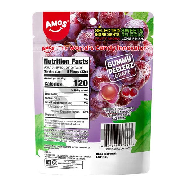 Amos Peelerz Fruit Gummy Candy, Grape Flavor, Peelable and Juicy, 6 oz Peg Bag (Pack of 12)