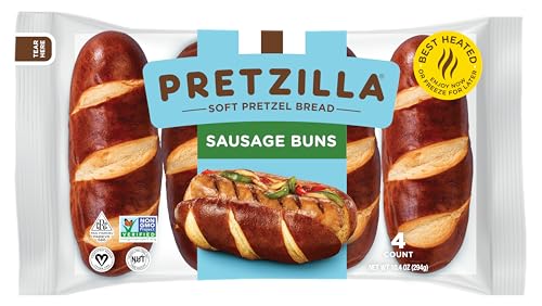 Pretzilla Soft Pretzel Sausage Buns, 10.4 oz 4 Count ‚Äì Bulk Gourmet Sandwich Hoagie Rolls, Non GMO Kosher Vegan Bread, Soft Bakery Pretzel Bun (Case of 15 Packs)
