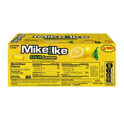 Mike & Ike Sour Lemon Tangy Chewy Candies 0.78 Ounce 24-Pack Wholesale