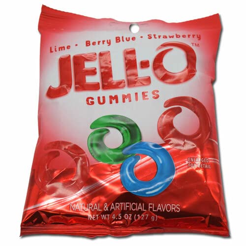 Jell-O Gummi Candy, Assorted Flavors Gummi Rings, 4.5 Ounce Bag