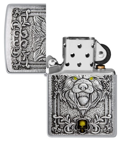 Zippo unisex-adult Wolf Lighters, Brushed Chrome Wolf & Skull Emblem