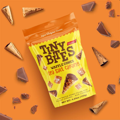 Tiny Bites Sea Salt Caramel Cones - Mini Crispy & Crunchy Waffle Cones, Delicious Cornet Snack with Real Belgian Sea Salt Caramel Chocolate Cones (Pack of 12), Bite-Size Cones by Beemax