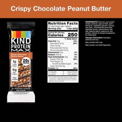 KIND Protein MAX Crispy Chocolate Peanut Butter Snack Bars, 20g of Protein, Keto Friendly, 1g of Sugar Per Bar, Gluten Free, 12 Count Box