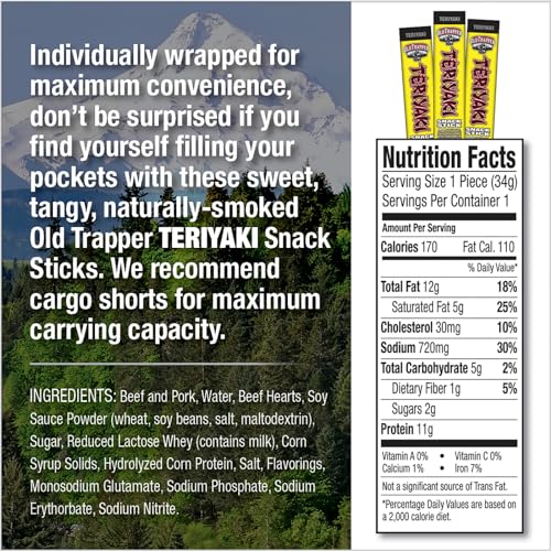 Old Trapper Teriyaki Snack Sticks, 1.2-Ounce Individually Wrapped Packages, Natural Wood Smoked Meat Snacks, 11 Grams of Protein per Serving (Pack of 24)