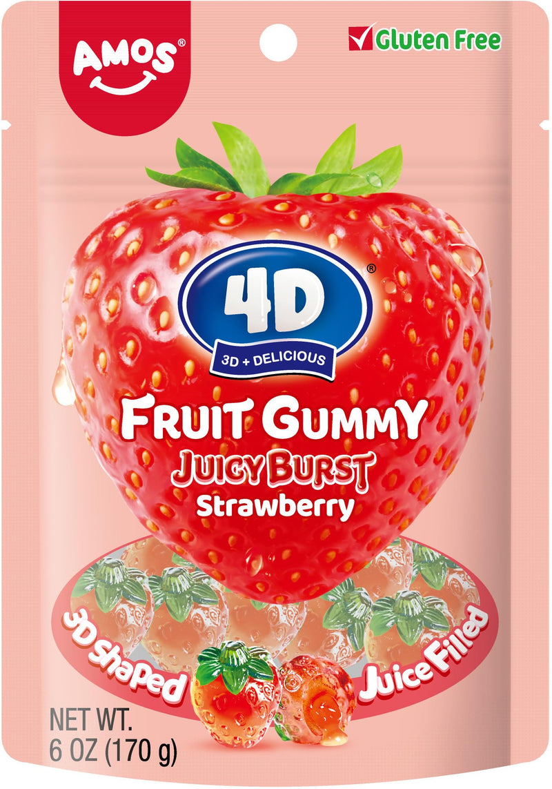 AMOS 4d strawberry juicy burst fruit gummy, strawberry 6 OZ