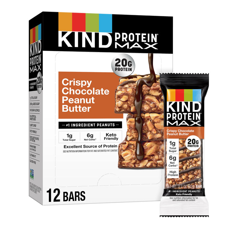 KIND Protein MAX Crispy Chocolate Peanut Butter Snack Bars, 20g of Protein, Keto Friendly, 1g of Sugar Per Bar, Gluten Free, 12 Count Box