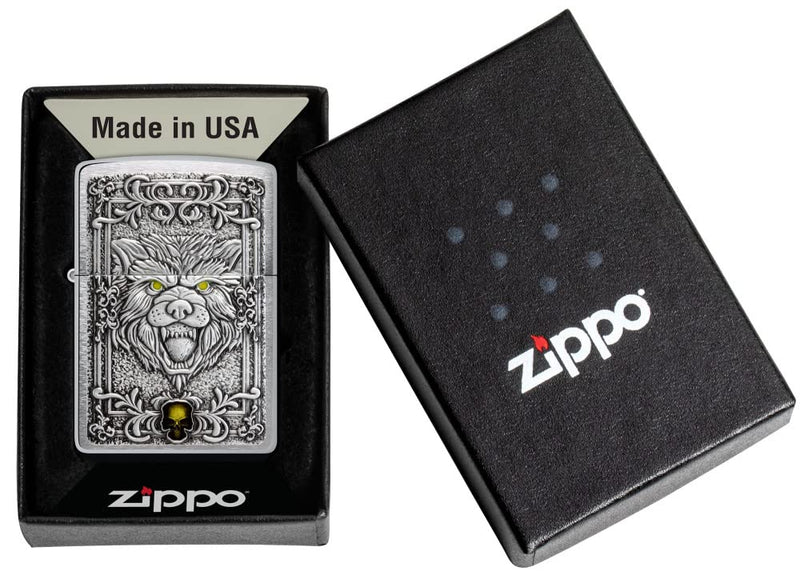 Zippo unisex-adult Wolf Lighters, Brushed Chrome Wolf & Skull Emblem