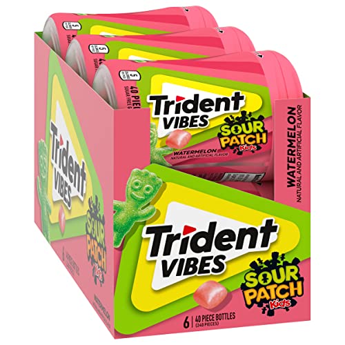Trident Vibes SOUR PATCH KIDS Watermelon Sugar Free Gum, 6 Bottles of 40 Pieces (240 Total Pieces)