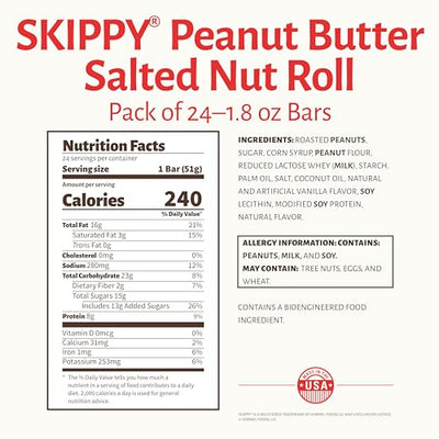 Pearson's SKIPPY Peanut Butter Salted Nut Roll | Peanut, Caramel, Peanut Butter Candy | 24 Full- Size Candy Bars |Bulk, Individually Wrapped