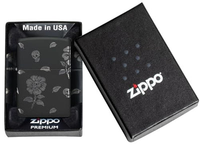 Zippo Flower Skulls Black Matte & Chrome Pocket Lighter - Edgy Floral Fusion